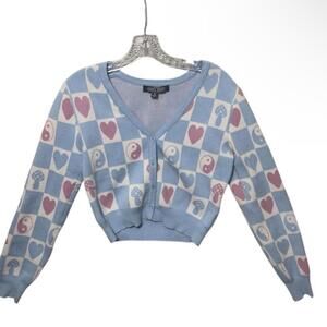 Rue 21 Women's Medium Blue Checkered Cardigan Cropped Button-Down Sweater